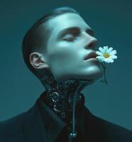 A man with a flower in his mouth photo