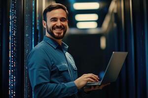 A smiling man in a server room holding a laptop photo