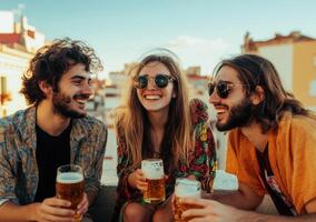 Three friends drinking beer together photo
