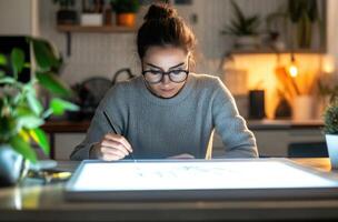A woman is drawing on a white board photo