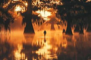 A man standing in the water at sunrise photo