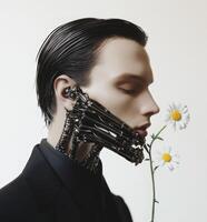A man with a robot head and a flower in his mouth photo