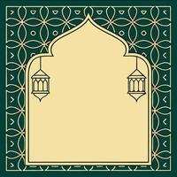 Islamic-style arch frame with hanging lanterns and geometric pattern background. vector