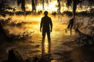 A man standing in the water at sunset photo