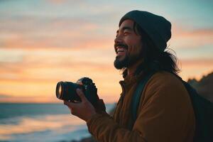 A man with a backpack and a camera smiles while looking at the ocean photo