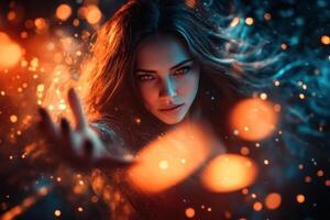 Beautiful woman with glowing eyes and fire in the background photo
