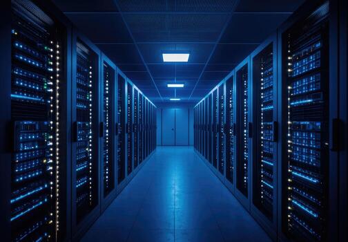 A long hallway with rows of servers photo