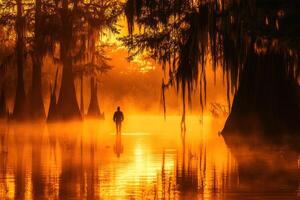 A man is walking through the water at sunrise photo