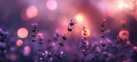 Purple flowers in the field at sunset photo