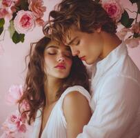 A young couple embracing in front of pink roses photo