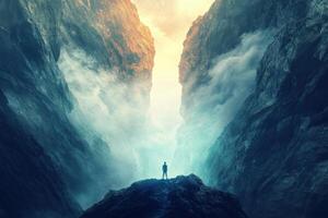A man standing on top of a mountain looking into a dark cave photo