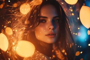 Beautiful woman with glowing lights in the background photo