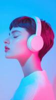 A woman wearing headphones in front of a blue background photo