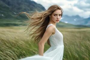 Beautiful girl in white dress in field with mountains photo