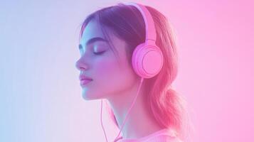 A woman with headphones on her face photo