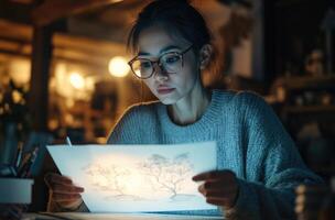 A woman is looking at a drawing on a piece of paper photo