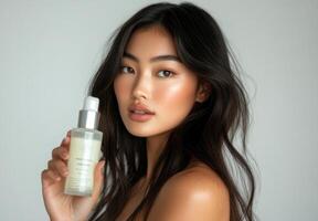 A woman holding a bottle of skin care product photo