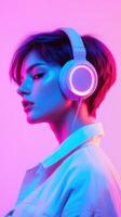 A woman wearing headphones in front of a neon background photo