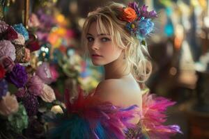 A beautiful blonde woman with colorful feathers and flowers photo