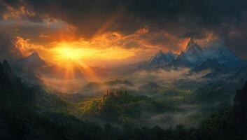 The sun is setting over a mountain range photo