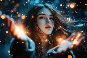 A woman with long hair and glowing hands photo