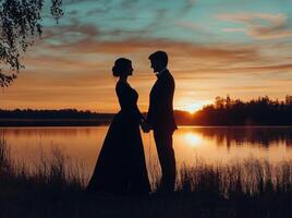 Silhouette of a couple standing in front of a lake at sunset photo