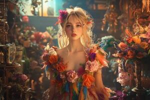 A woman in a colorful dress standing in front of a bunch of flowers photo
