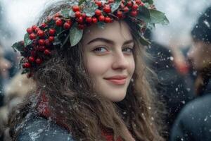 A girl wearing a holly wreath in the snow photo