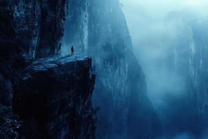 A lone person standing on a cliff in the middle of a mountain photo