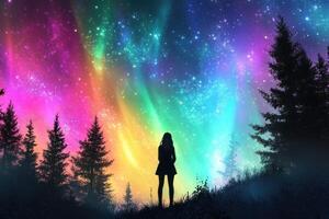 A woman standing in front of a colorful aurora bore photo