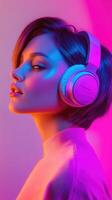 A woman wearing headphones in front of a neon light photo