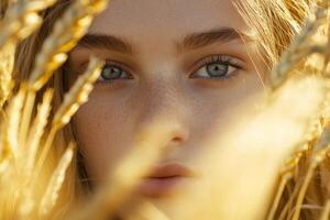 A young woman with blue eyes in a field of wheat photo