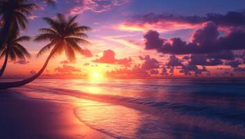A beautiful sunset on a tropical beach with palm trees photo