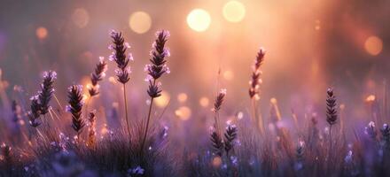Lavender field at sunset with bokeh photo