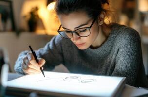 A woman is drawing on a piece of paper photo