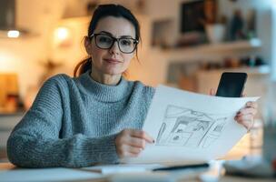 A woman in glasses is holding a drawing of a house photo