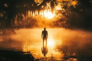 A man standing in the water at sunrise photo