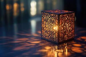 A decorative lamp with a light shining through it photo