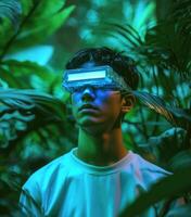 A man wearing a futuristic device in the jungle photo