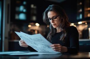 A woman in glasses is looking at a map photo