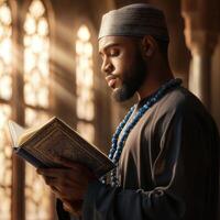 Muslim man reading quran in mosque photo