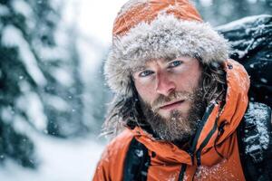 A bearded man with a backpack and hat in the snow photo
