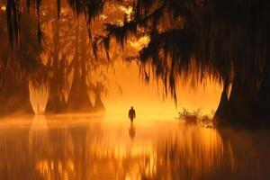 A man walking through the water in the fog photo
