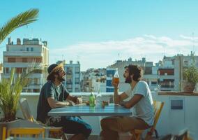 Two men sitting at a table on a rooftop with a view of the city photo