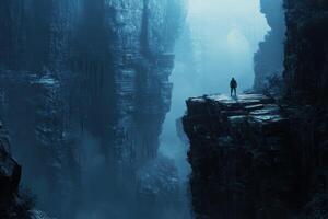 A man standing on a cliff in the middle of a canyon photo