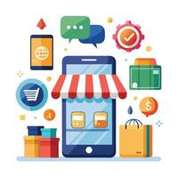 Mobile phone with awning, shopping cart, boxes, and payment icons. vector