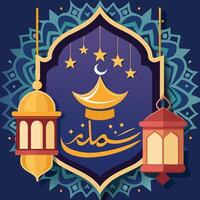 Islamic calligraphy with crescent moon, stars, and lanterns on a mandala background. vector