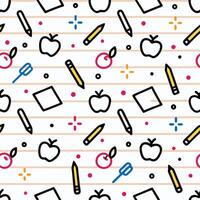 Seamless pattern with apples, pencils, and stationery on lined paper. vector