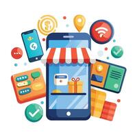Mobile phone with online store and payment methods. vector