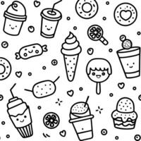 a black and white drawing of ice cream, donuts, and other items vector